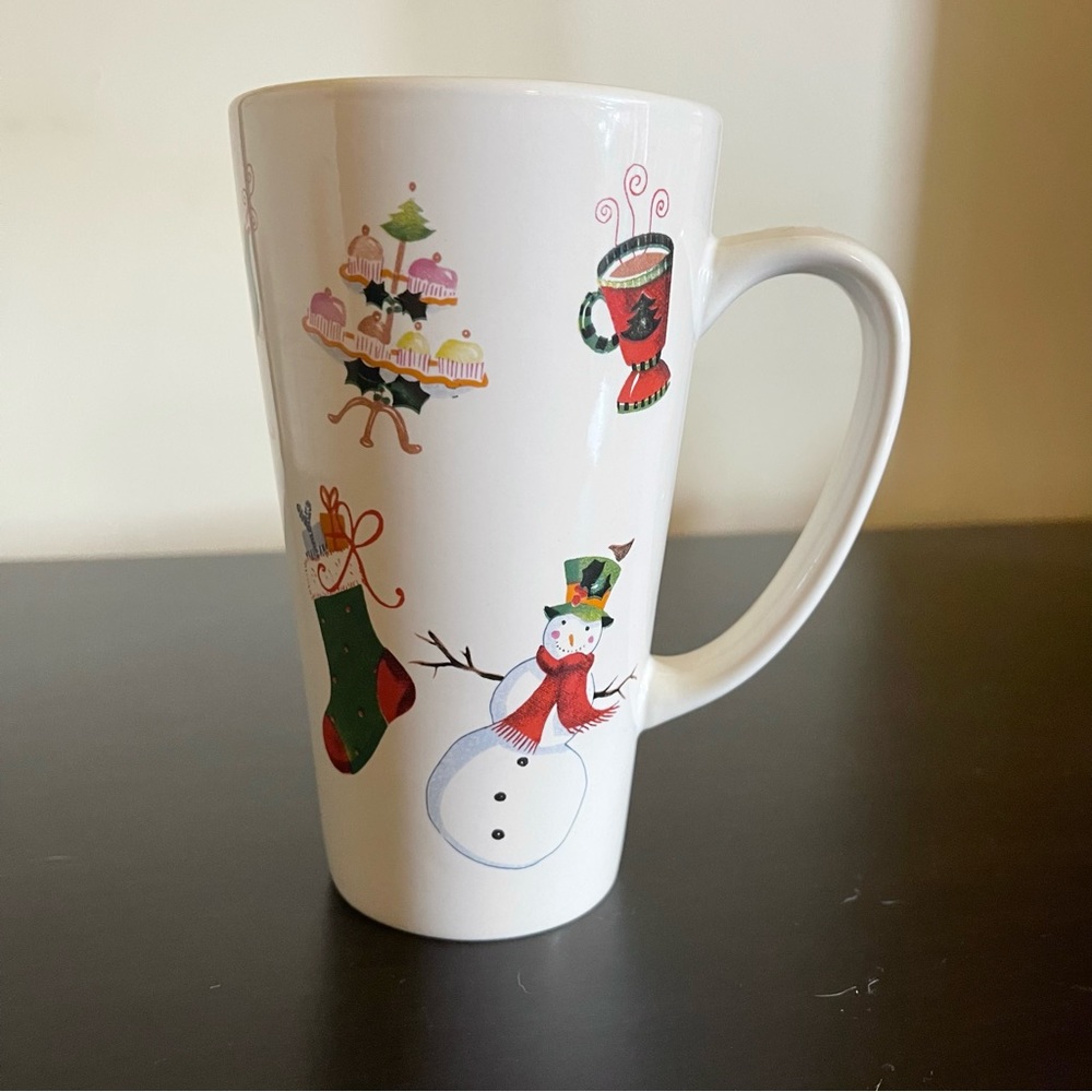 Christmas Mug Tall White with Cute Holiday Drawings 16 oz
